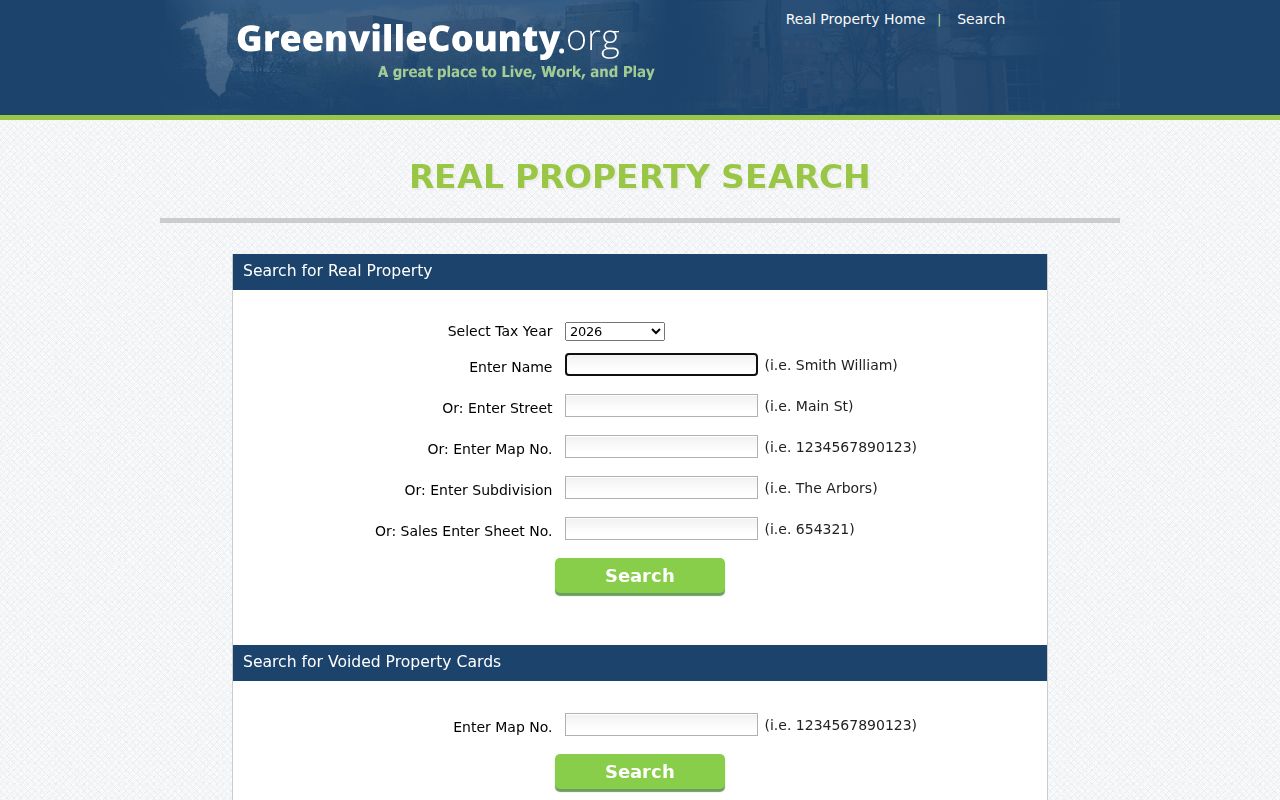 Taylors residents directory Greenville County Real Property search fields