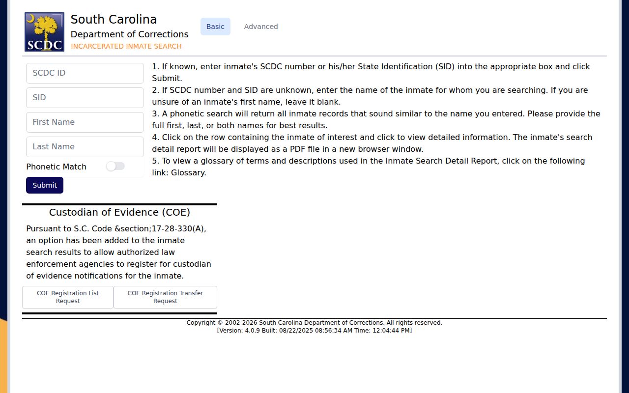 Taylors residents directory South Carolina Department of Corrections search screen