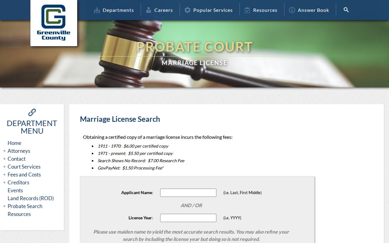 Taylors resident lookup Greenville County Marriage License Search screen