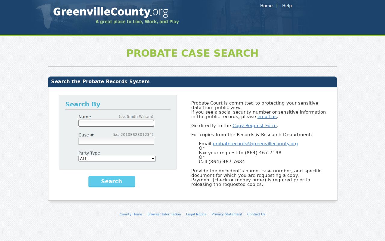 Taylors resident lookup Greenville County Probate Case Search screen