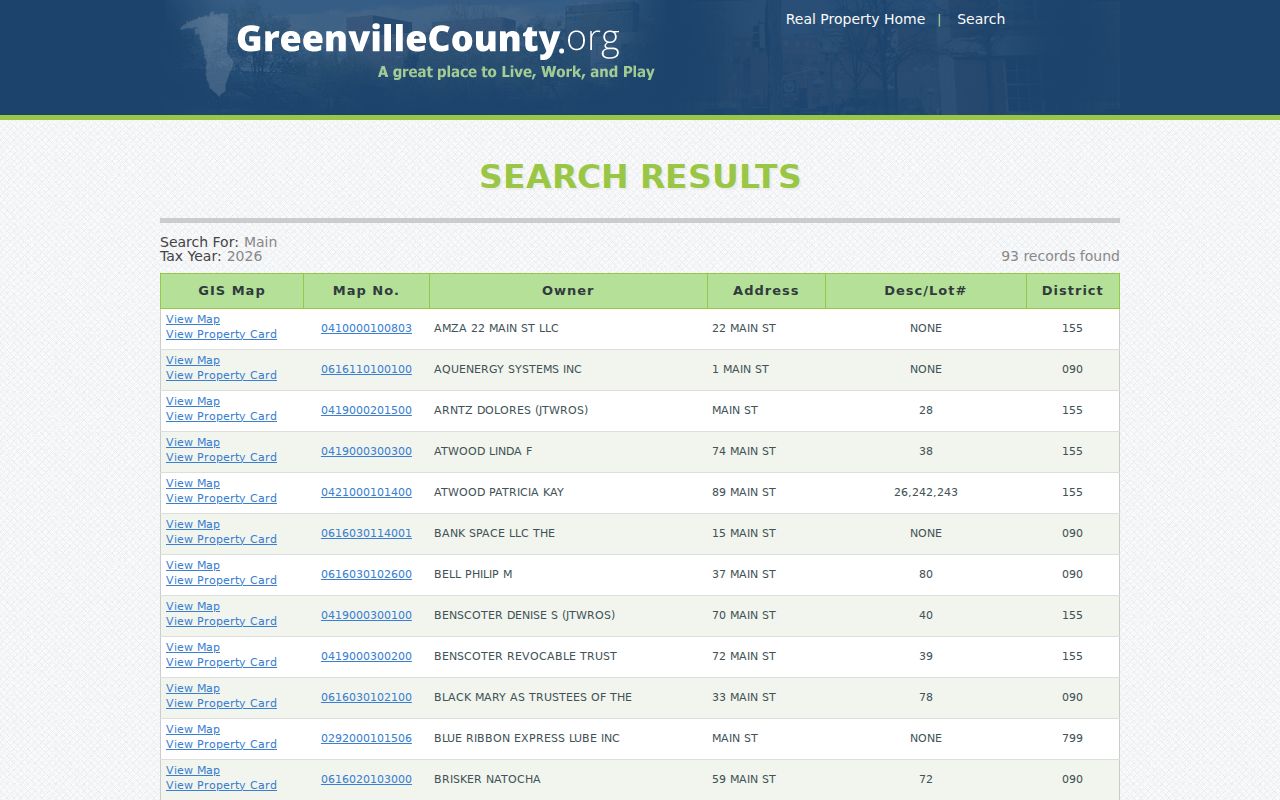 Taylors street directory Greenville County documented street parcel results
